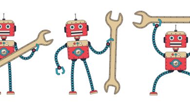 Retro robot with spanner. Vintage repair cybor hold wrench. Vector illustration.