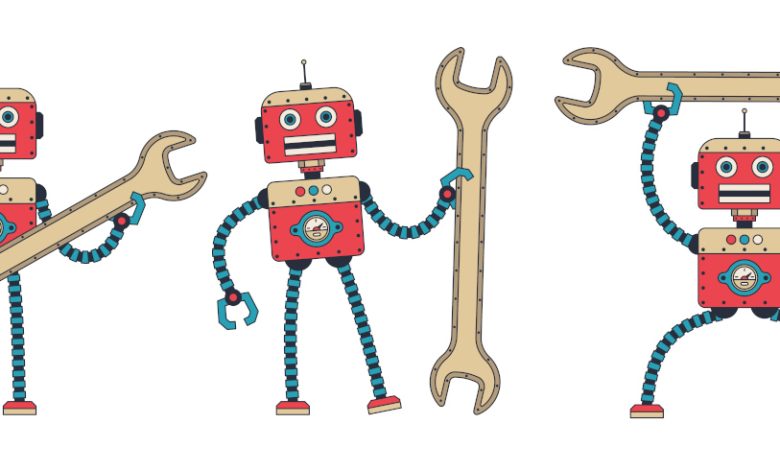 Retro robot with spanner. Vintage repair cybor hold wrench. Vector illustration.