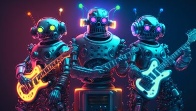 Three robots are playing guitars