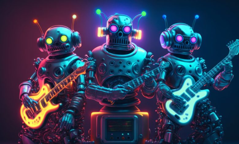 Three robots are playing guitars